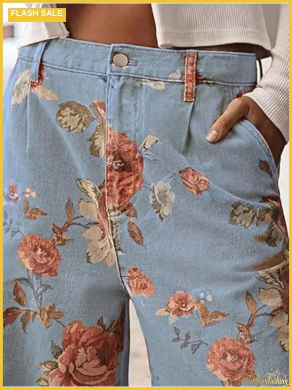Wide Leg Cropped Floral Denim Jeans Boho Palazzo Pants